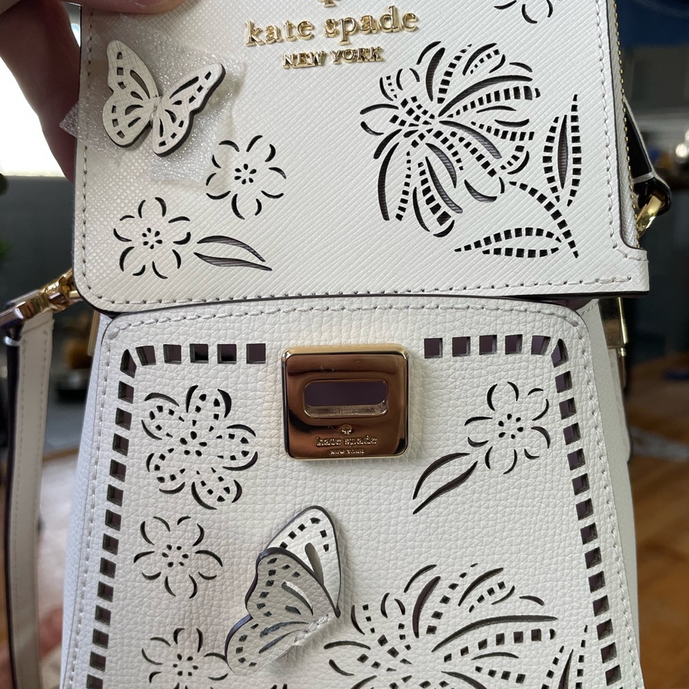Kate Spade White Floral and Butterfly Crossbody Bag and Wristlet